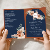 Terracotta Floral Pampas Navy Blue QR Code Wedding 招待状