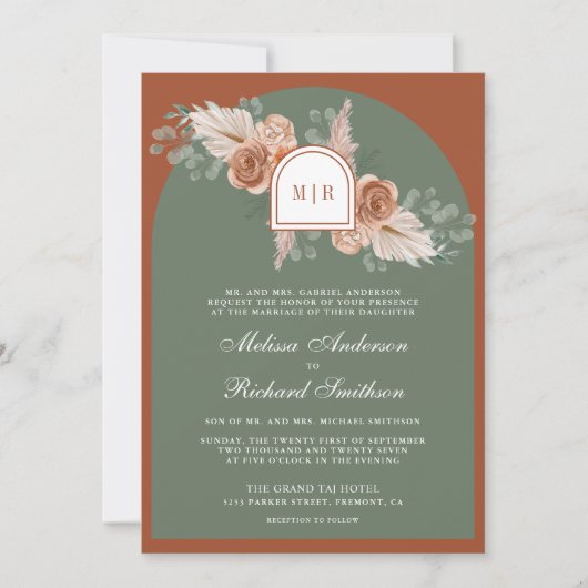 Terracotta Floral Pampas Sage Green Wedding 招待状 (正面)