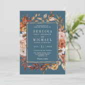Terracotta Floral Photo QR Code Dusty Blue Wedding 招待状 (スタンド正面)