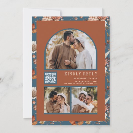 Terracotta Floral Photo QR Code Dusty Blue Wedding 招待状 (裏面)
