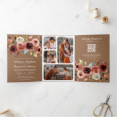 Terracotta Floral QR Code Beige Tan Wedding 三つ折り招待状 (内部)