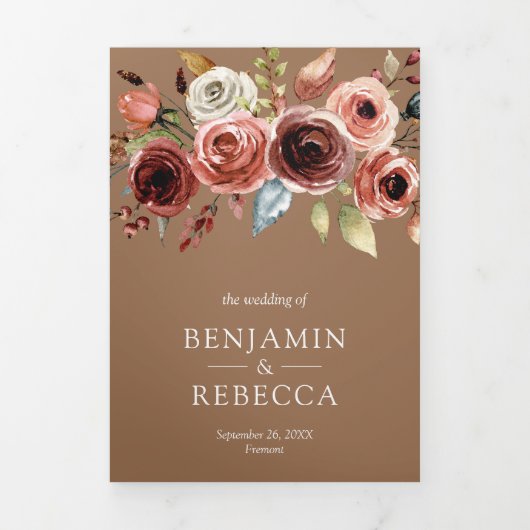 Terracotta Floral QR Code Beige Tan Wedding 三つ折り招待状 (カバー)