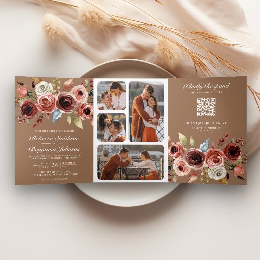 Terracotta Floral QR Code Beige Tan Wedding 三つ折り招待状