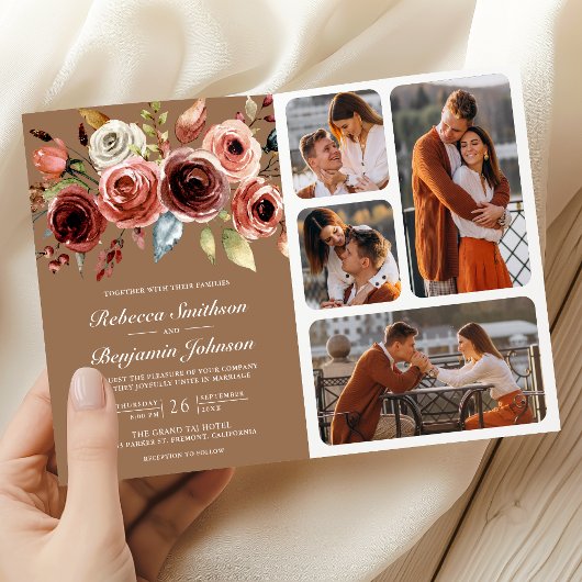 Terracotta Floral QR Code Beige Tan Wedding 招待状