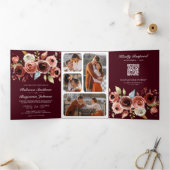 Terracotta Floral QR Code Burgundy Wedding 三つ折り招待状 (内部)
