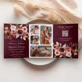 Terracotta Floral QR Code Burgundy Wedding 三つ折り招待状