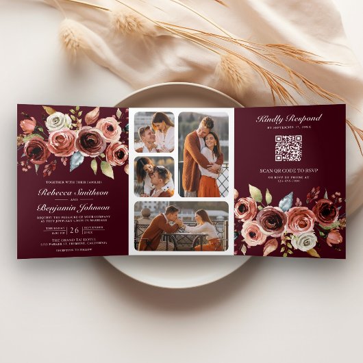 Terracotta Floral QR Code Burgundy Wedding 三つ折り招待状