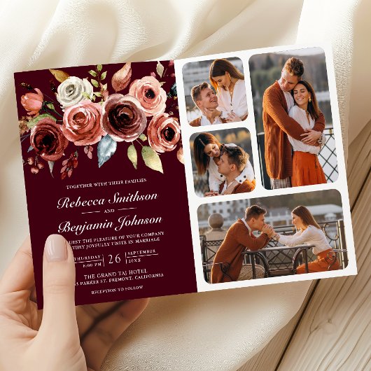 Terracotta Floral QR Code Burgundy Wedding 招待状
