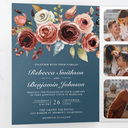 Terracotta Floral QR Code Dusty Blue Wedding 三つ折り招待状 (内部最初)