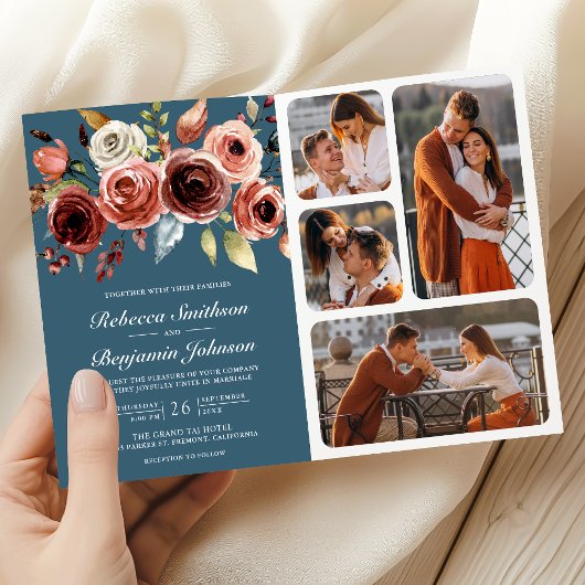 Terracotta Floral QR Code Dusty Blue Wedding 招待状