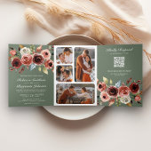 Terracotta Floral QR Code Sage Green Wedding 三つ折り招待状