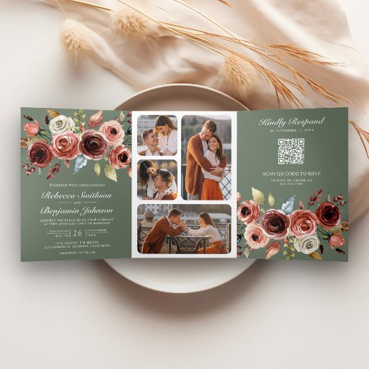 Terracotta Floral QR Code Sage Green Wedding 三つ折り招待状