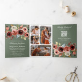 Terracotta Floral QR Code Sage Green Wedding 三つ折り招待状 (内部)