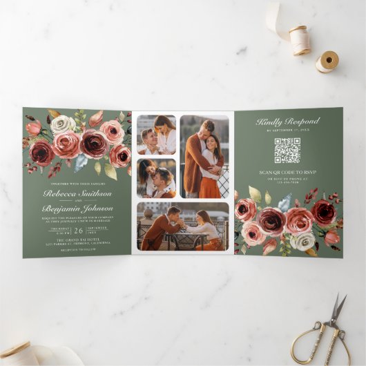 Terracotta Floral QR Code Sage Green Wedding 三つ折り招待状 (内部)