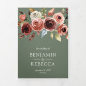 Terracotta Floral QR Code Sage Green Wedding 三つ折り招待状 (カバー)