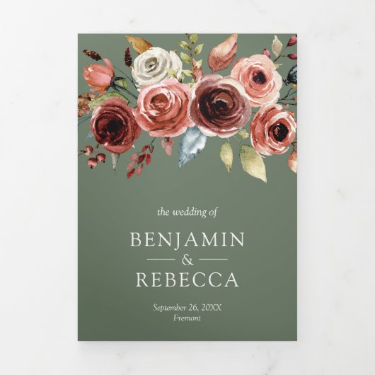 Terracotta Floral QR Code Sage Green Wedding 三つ折り招待状 (カバー)