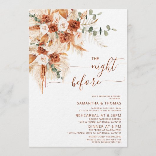 Terracotta floral Rehearsal Dinner Night Before 招待状 (正面)