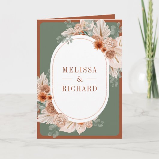Terracotta Floral Sage Green QR Code Wedding 招待状 (正面)