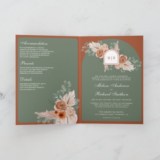 Terracotta Floral Sage Green QR Code Wedding 招待状 (内部)