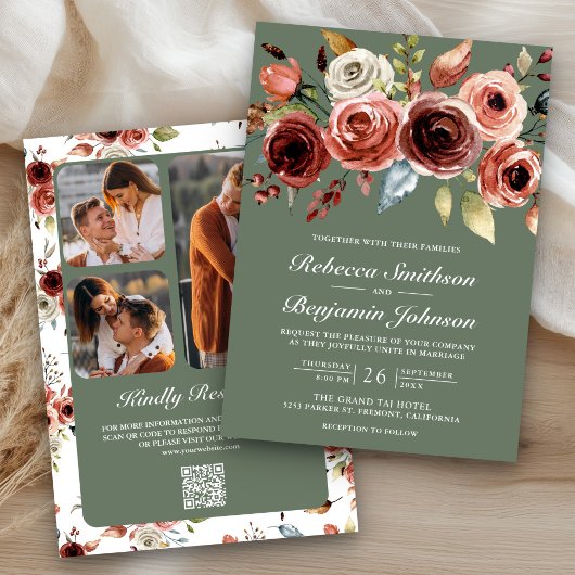 Terracotta Floral Sage Green QR Code Wedding 招待状