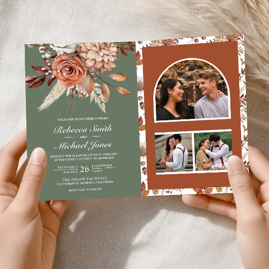 Terracotta Floral Sage Green QR Code Wedding 招待状