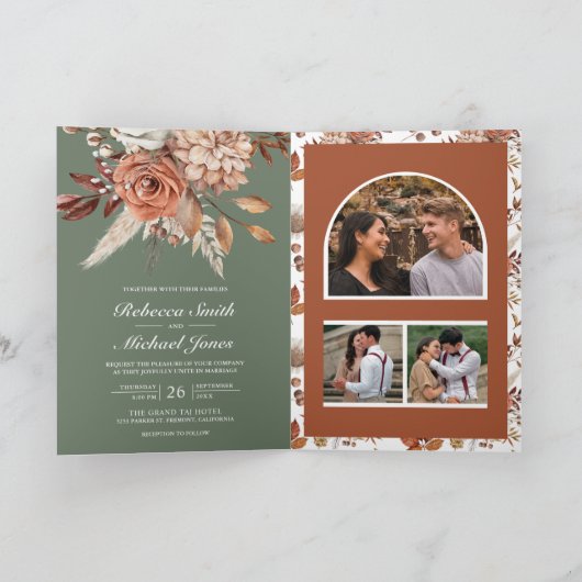 Terracotta Floral Sage Green QR Code Wedding 招待状 (内部)