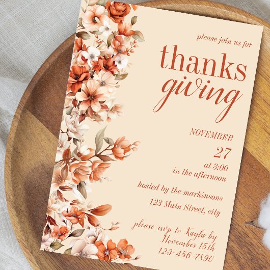 Terracotta Floral Thanksgiving Dinner Invitation 招待状