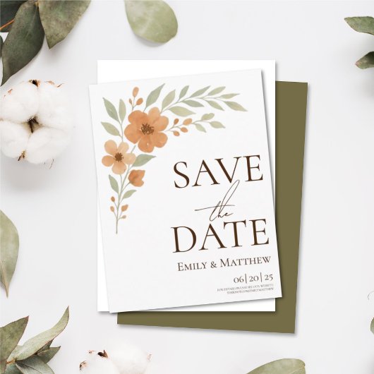 Terracotta Floral Watercolor Save The Date 案内ポストカード