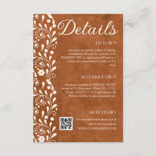 Terracotta Floral Wedding Details QR code エンクロージャーカード (正面)