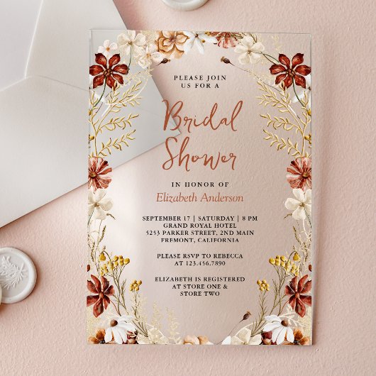 Terracotta Floral Wildflower Bridal Shower アクリル招待状