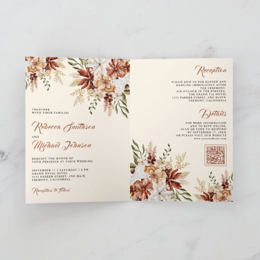 Terracotta Floral Wildflower Cream Wedding 招待状 (内部)