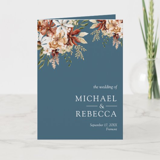 Terracotta Floral Wildflower Dusty Blue Wedding 招待状 (正面)