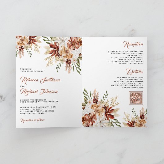 Terracotta Floral Wildflower White Wedding 招待状 (内部)