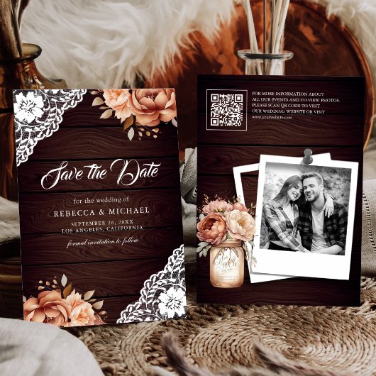 Terracotta Floral Wood Photo QR Code Wedding セーブザデート