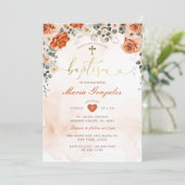 Terracotta Florals Girl Christening Gold Baptism 招待状 (スタンド正面)
