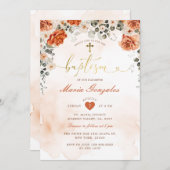 Terracotta Florals Girl Christening Gold Baptism 招待状 (正面/裏面)