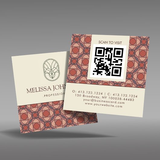 Terracotta Geometric Square QR Business Card スクエア名刺