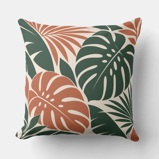 Terracotta Green Tropical Leaf Silhouette クッション (正面)
