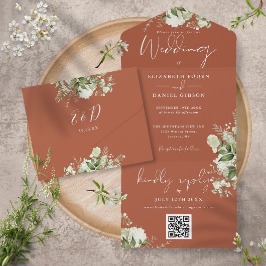 Terracotta Greenery QR Code Monogram Wedding オールインワン招待状