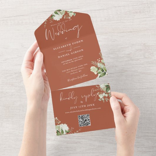 Terracotta Greenery QR Code Monogram Wedding オールインワン招待状 (貼ってはがせる)