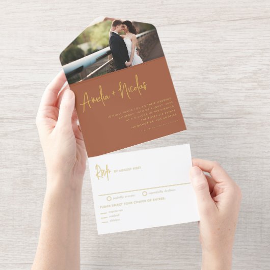 Terracotta Handwriting Typography Photo Wedding オールインワン招待状 (切り取り部)