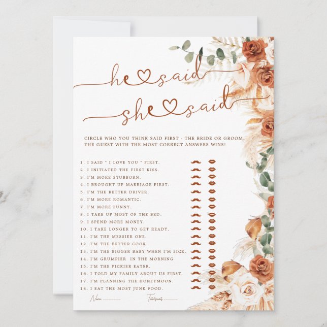 Terracotta He Said She Said Bridal Shower Game  (正面)