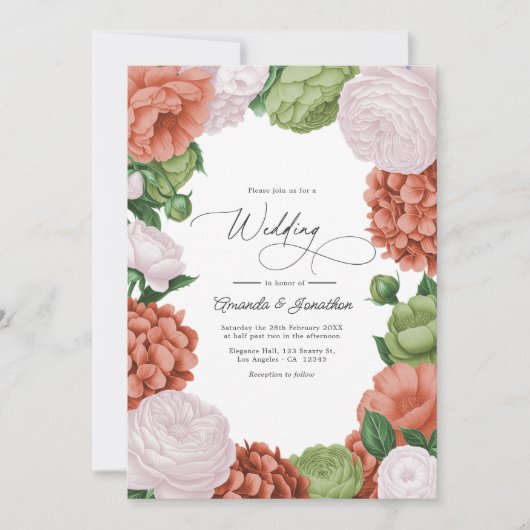 Terracotta Light Peach Olive Green Floral Wedding 招待状 (正面)