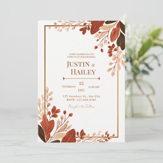 Terracotta Line Leaf Gilded Botanical Wedding 招待状 (スタンド正面)