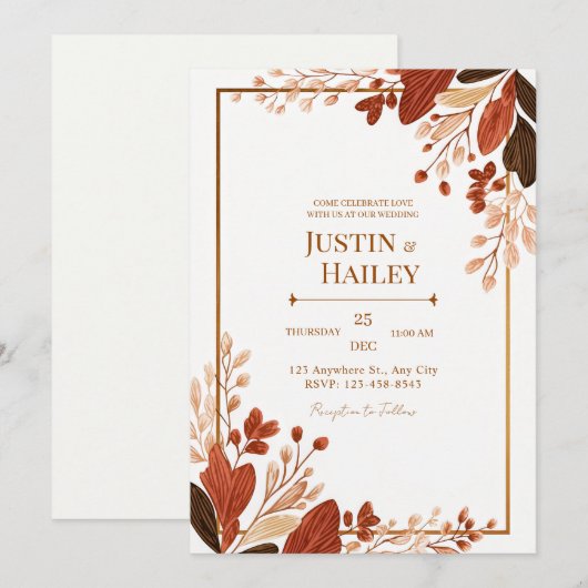 Terracotta Line Leaf Gilded Botanical Wedding 招待状 (正面/裏面)