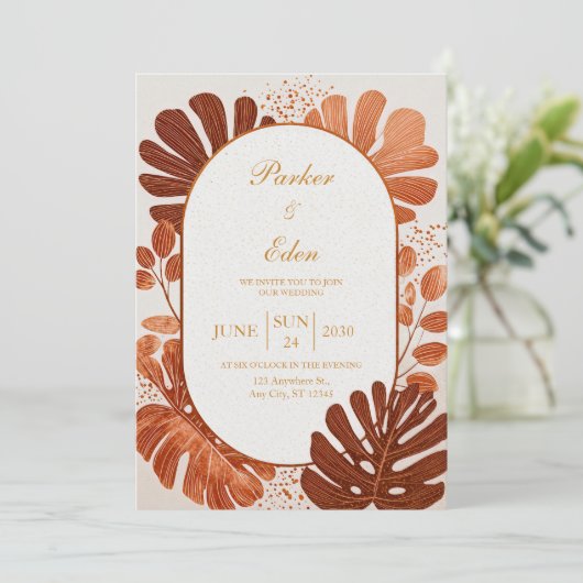 Terracotta Line Monstera Gold Arch Wedding 招待状 (スタンド正面)