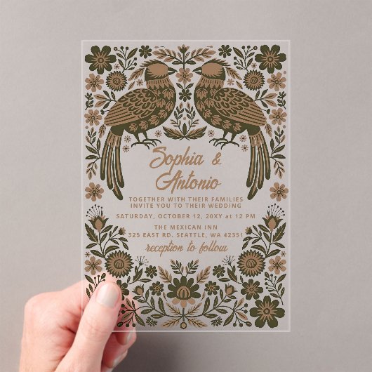 Terracotta Mexican Birds Otomi Floral Wedding アクリル招待状 (インサイチュ (ポータブル))