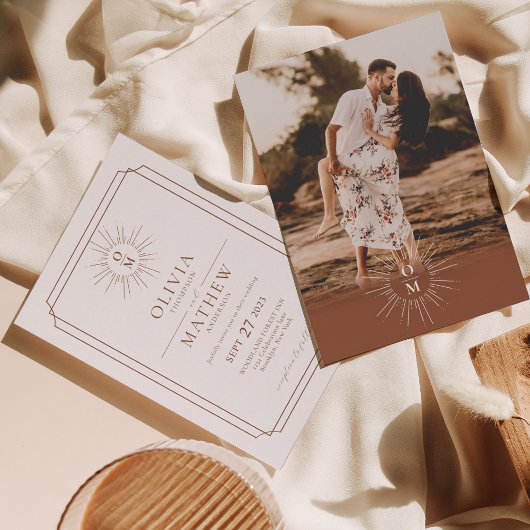 Terracotta Mid Century 70sモノグラム写真結婚の写真 招待状