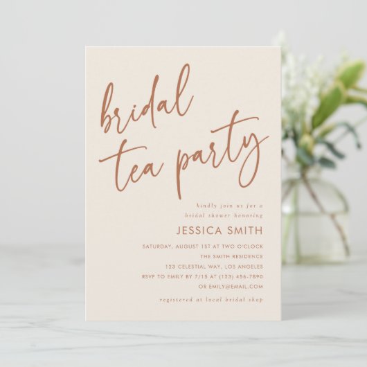 Terracotta Modern Boho Bridal Tea Party Shower 招待状 (スタンド正面)