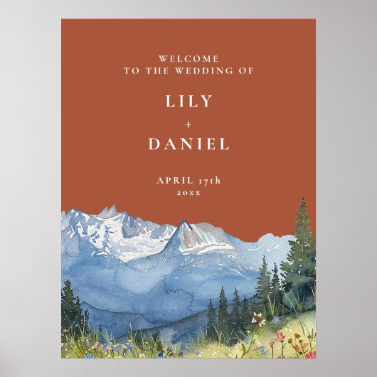 Terracotta Mountain Floral Wedding Welcome Sign ポスター (正面)
